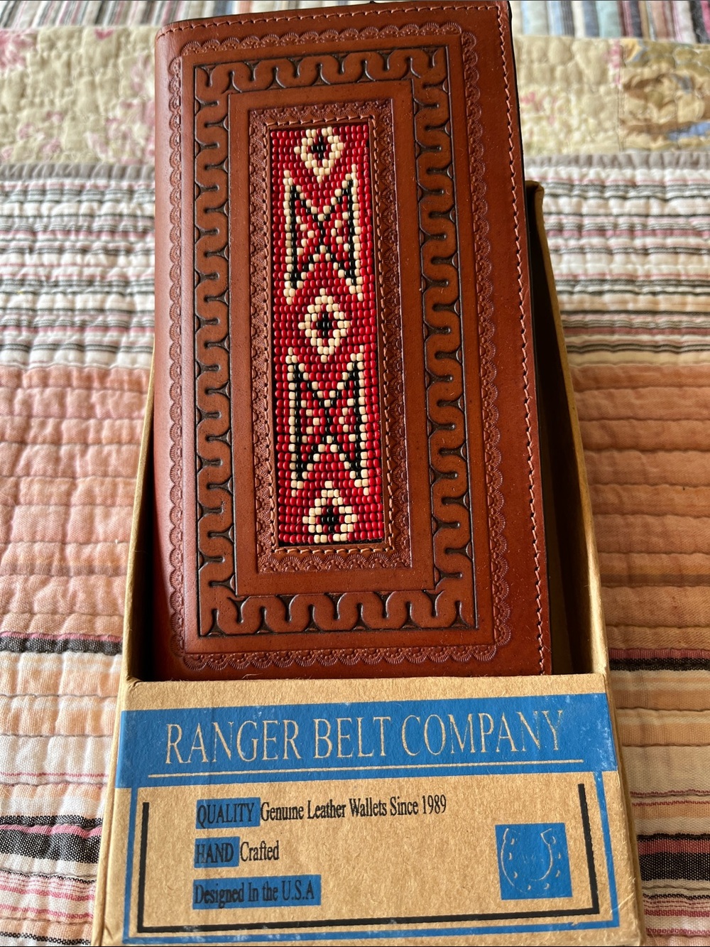 Men’s Brown Leather Wallet with Red Beaded Inlay